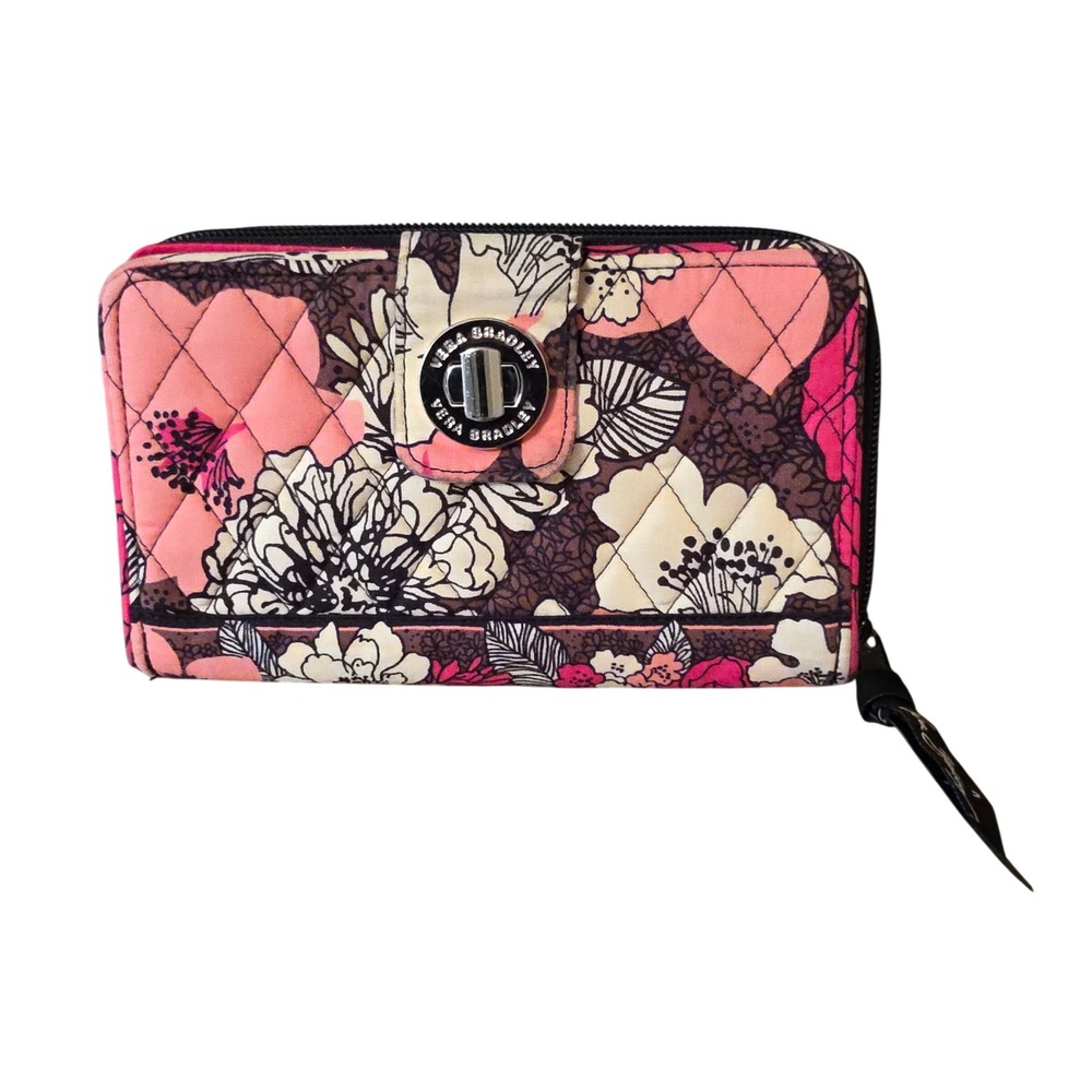 Vera‎ Bradley Turnlock Wallet Pink Brown Floral Quilted Cotton Zip Around